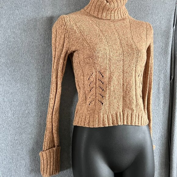 VTG Express Camel Cable Knit Angora Blend Turtleneck Swtr Sz S Cropped Lng Slv - Picture 9 of 10